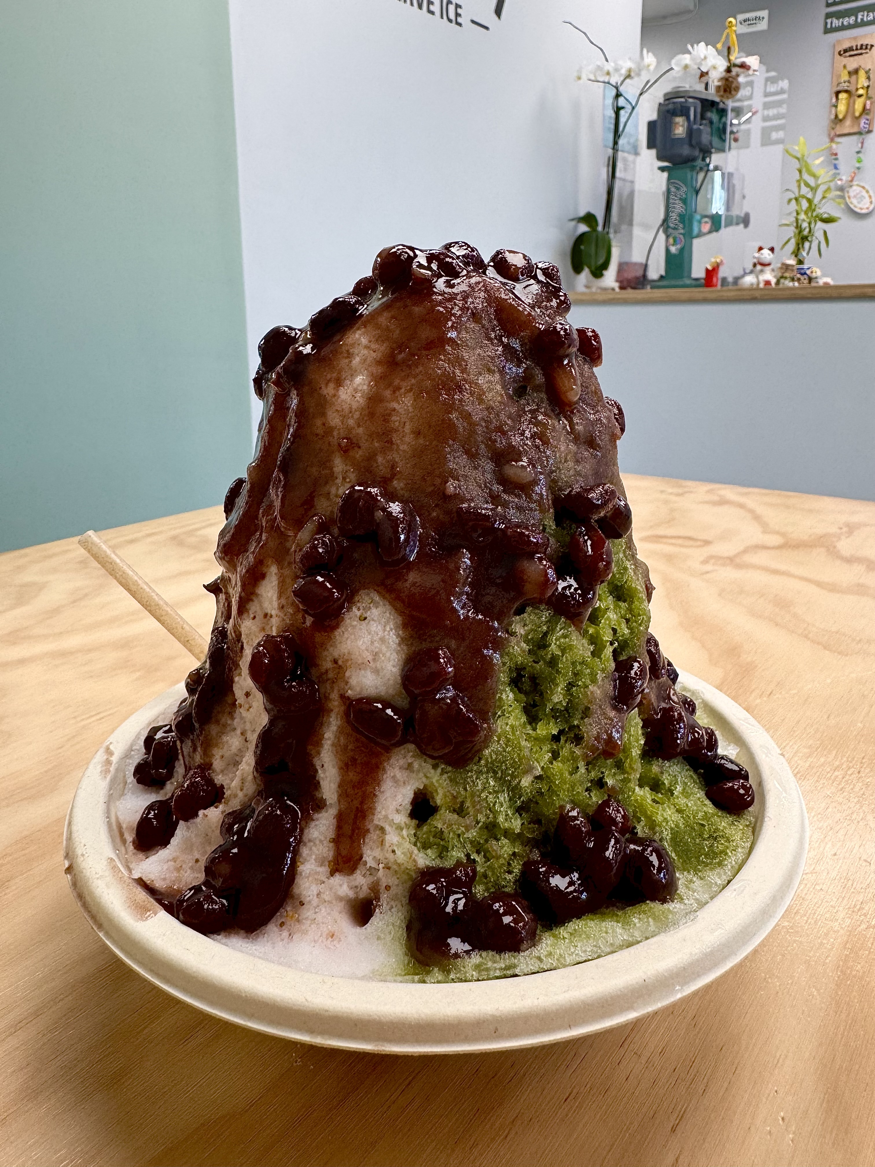 Matcha and strawberry milk shave ice with azuki beans at Chillest Shave Ice