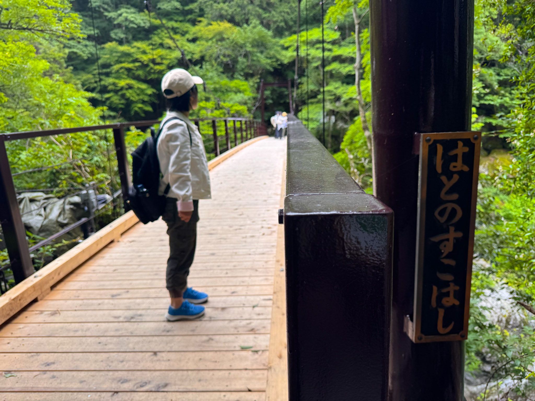 Ayumi standing on the wooden planks of the Hatonosu suspension bridge, hand on the railing, a black post beside her labeled はとのすこはし in white characters
