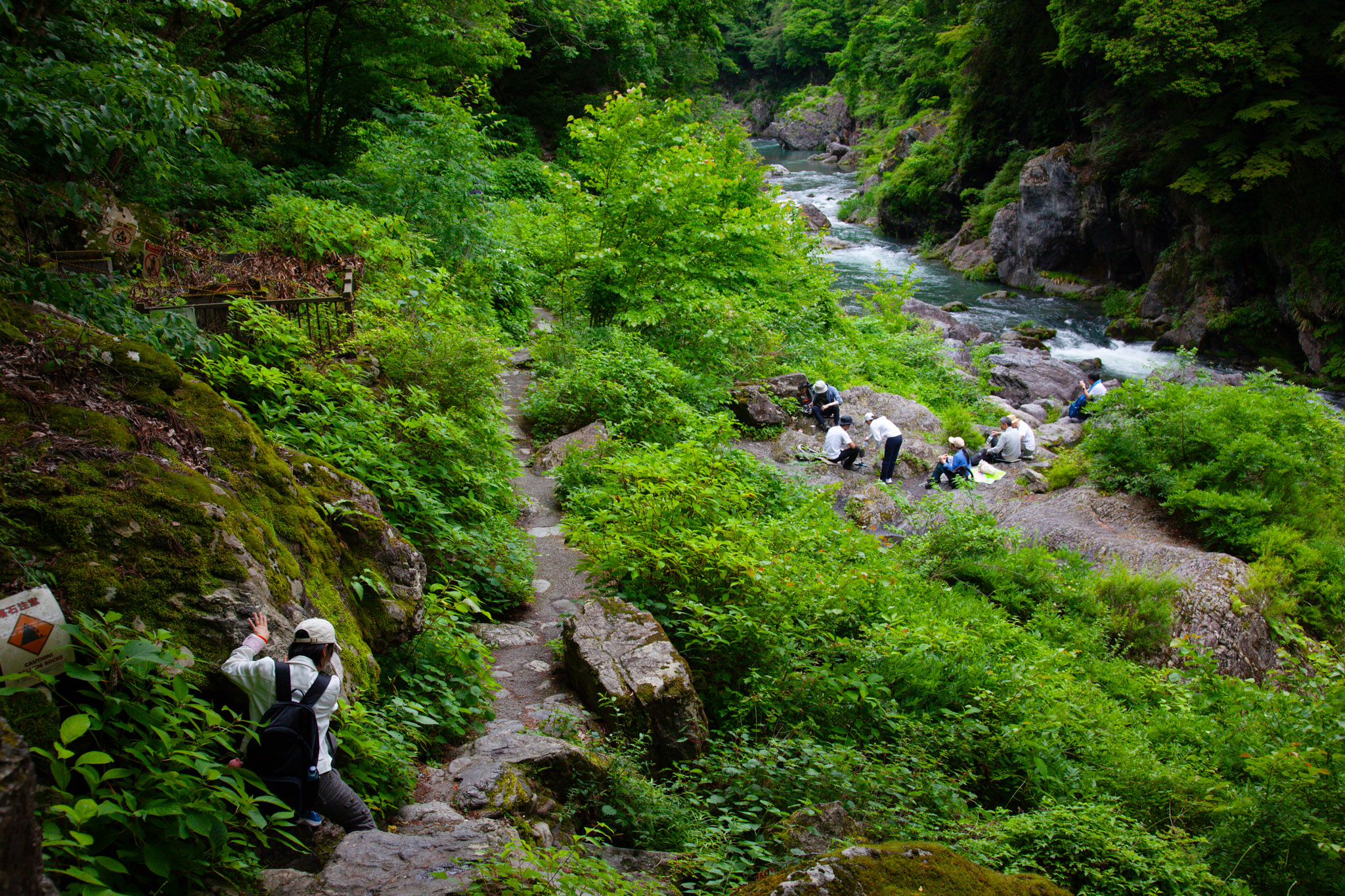 Looking down the gorge trail — stone steps descending through bright green undergrowth toward the river, where a few people sit on rocks beside the rushing white water
