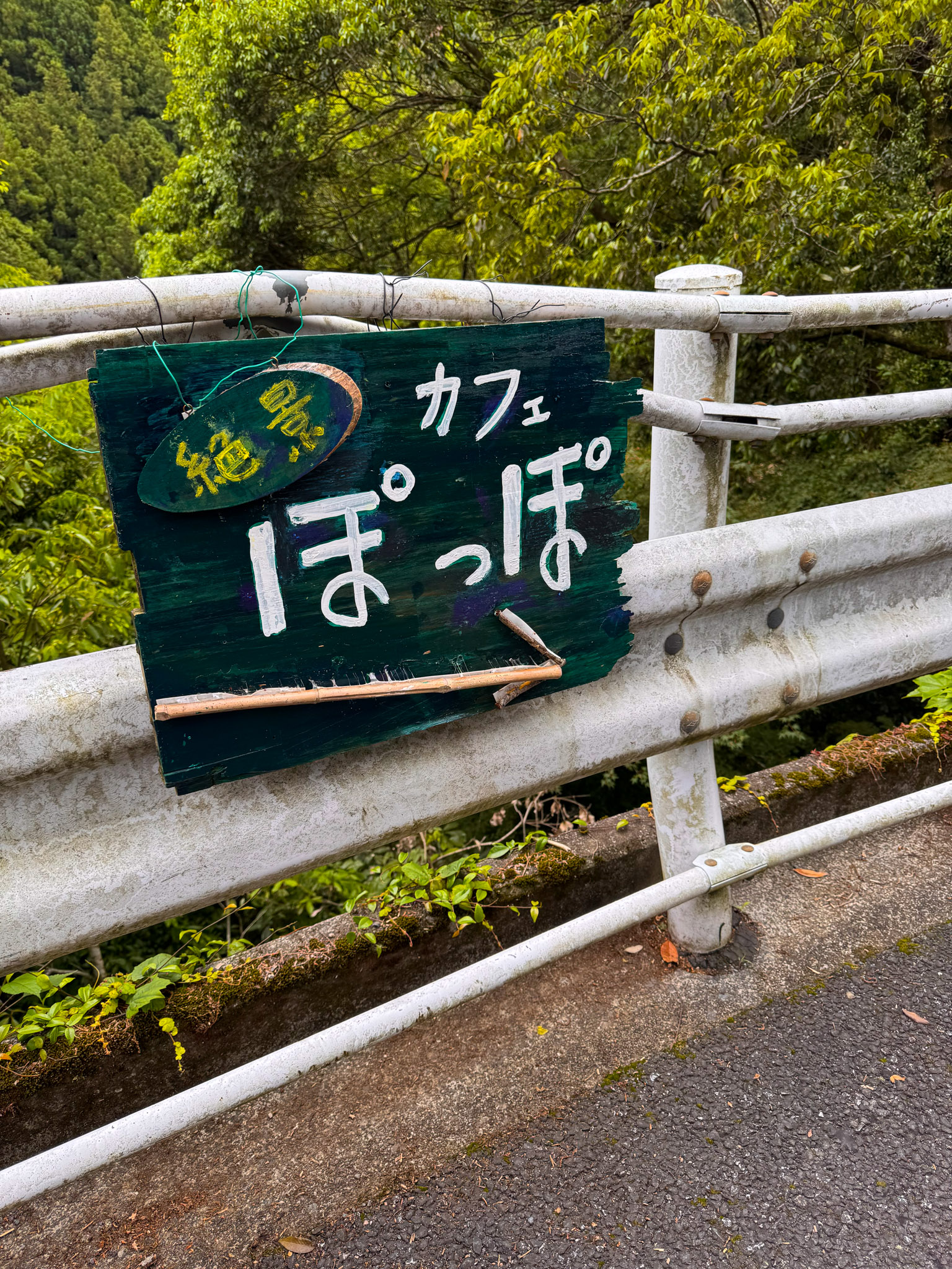 A hand-painted dark-green wooden sign wired to a roadside guardrail reading 絶景カフェ ぽっぽ in white and pale-green script, forest behind