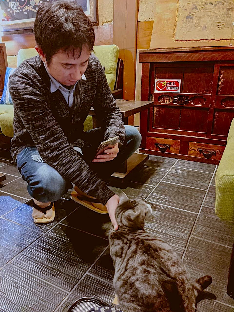 John crouching in the ryokan lobby wearing yukata sandals, reaching down to pet a tabby cat on the dark tiled floor — traditional wooden furniture and warm lighting in the background