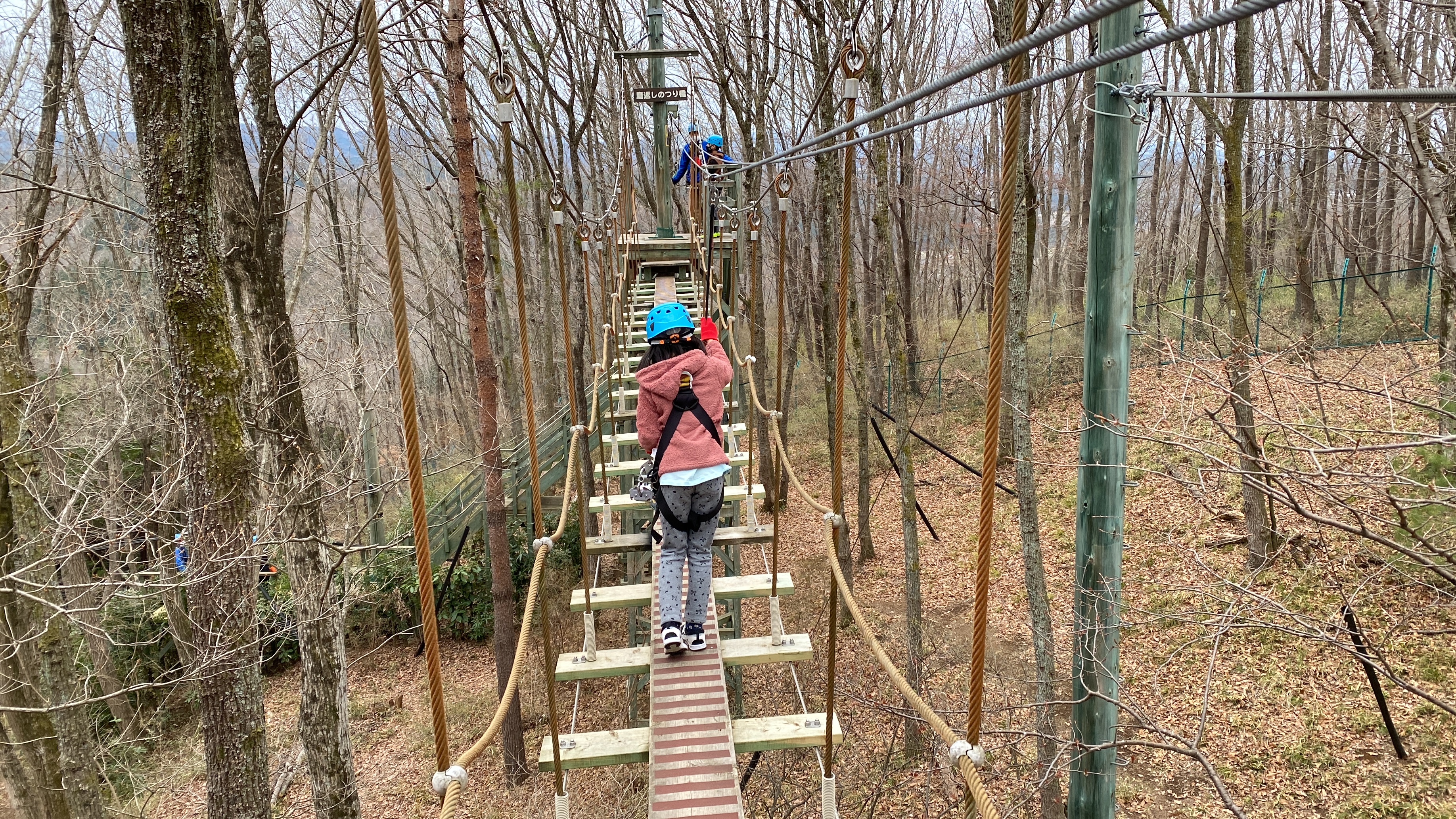 Maile in a blue helmet crossing a suspended rope bridge ladder high in the trees on the Musasabi course at Motegi