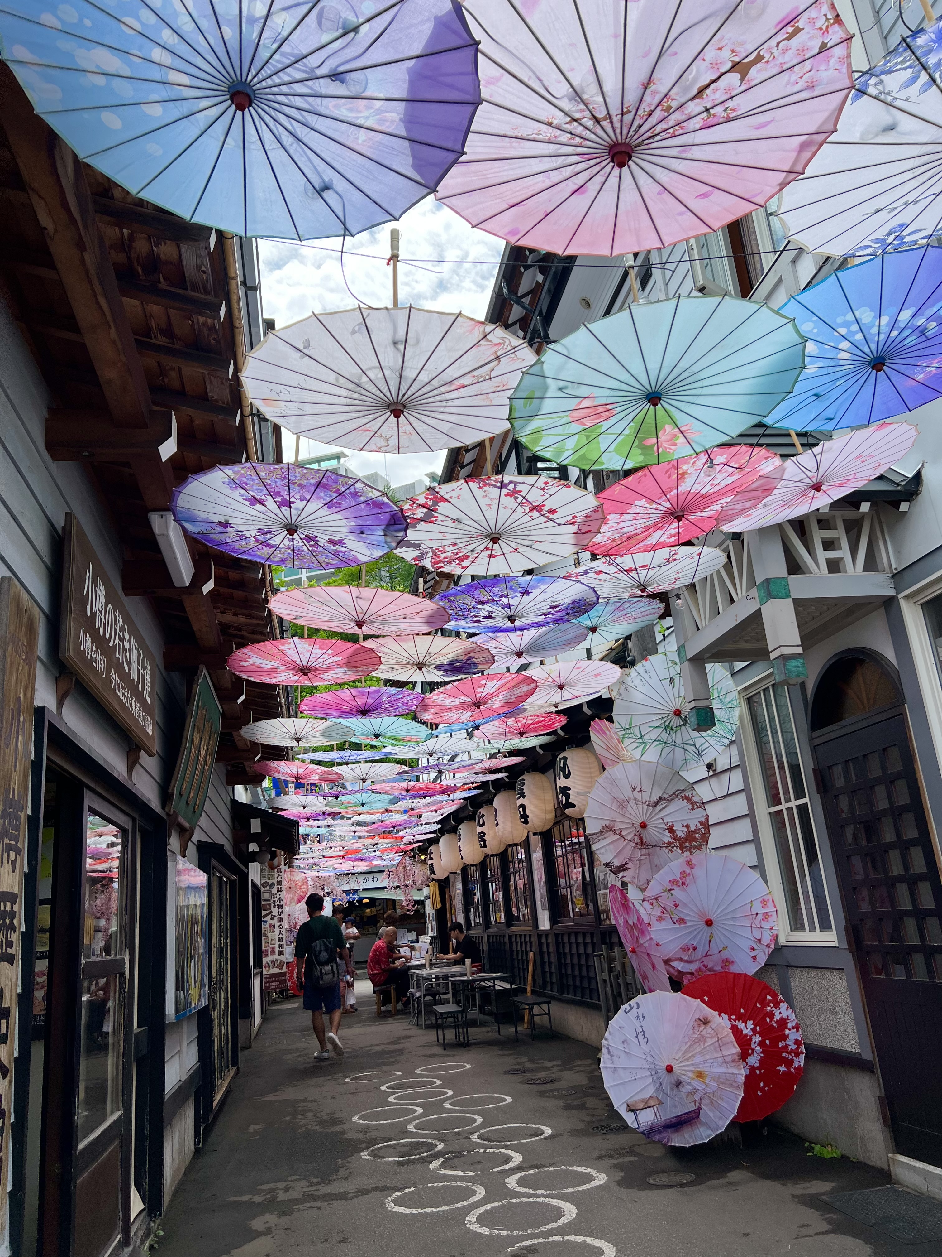 Looking down the Otaru umbrella alley on Sakaemachi — hundreds of colorful Japanese parasols strung overhead between old wooden shopfronts, lanterns hanging below, people walking through